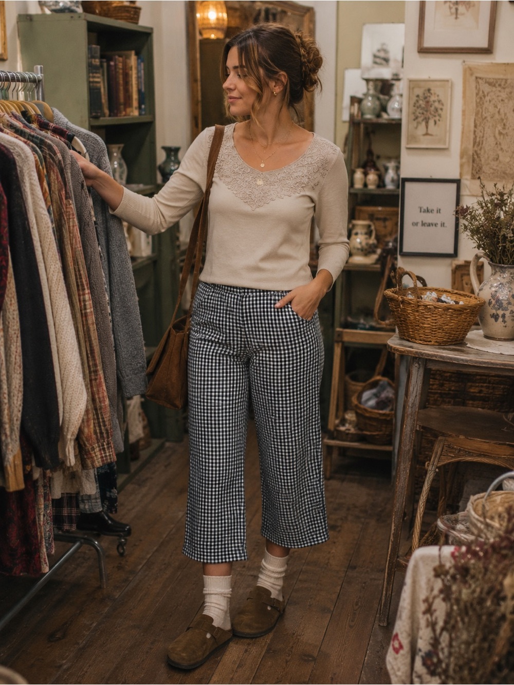 60.) Cottagecore /  Gingham Cropped Wide-Leg Pants - Black & White